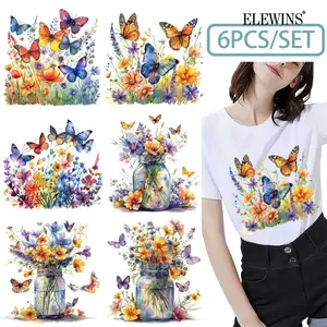 6 Sheets Wildflower DIY Flower Hot Stamping Transfer DTF Transfer Film for T-shirts Hoodies Jeans Backpack Pillow Machine Washable Reusable Heat Transfer Vinyl for Men Women
