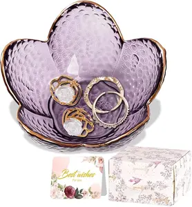 Purple Flower Jewelry Dish Glass Ring Holder with Gold Trim & Floral Gift Box for Women's Birthday Valentine's Day Christmas Gifts
