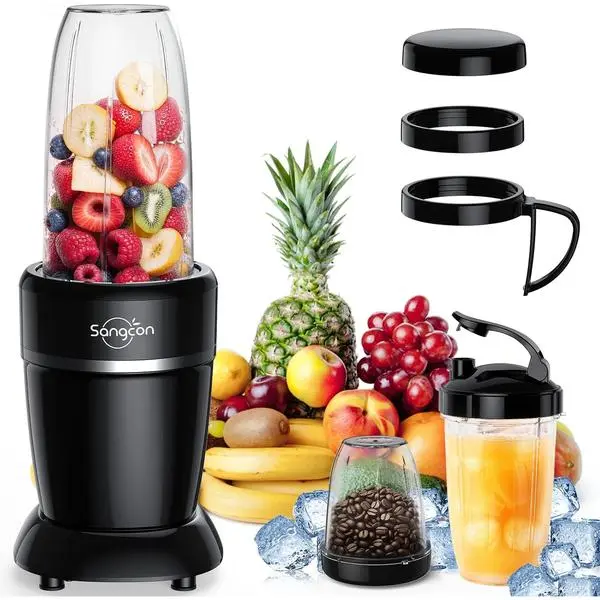Sangcon 1000W Compact Corded Stainless Steel 6-Leaf Blade Blender for Home Use, Black, 37/32/22 oz BPA-Free To-Go Cups, Small Footprint, Ice Crushing, Baby Food Prep