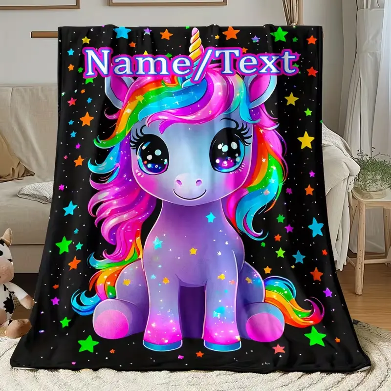 Cute Rainbow Unicorn Blanket with Custom Name, Soft Flannel Throw for Bedroom Decor, Cozy Couch Bed Blanket for Girls and Teens