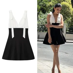 Women's Summer Short Dress Black And White Splicing Backless Sleeveless Slip Dress Pleats Party Beach Sexy Elegant Dresses Woman