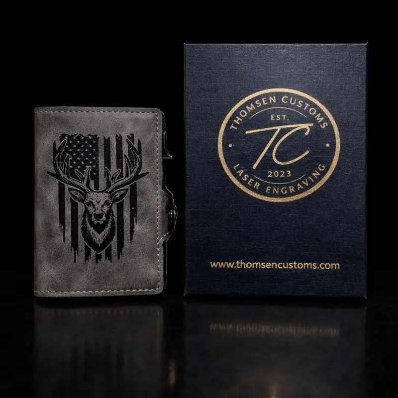 Deer American Flag Gray Leather Pop Up Wallet RFID Blocking