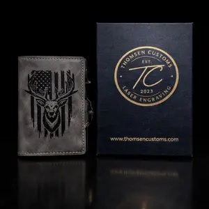 Deer American Flag Gray Leather Pop Up Wallet RFID Blocking