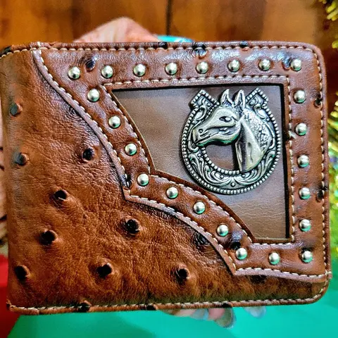 Horse Western wallet Ostrich pattern short bi-fold concho and studded faux leather with religious theme wallet.