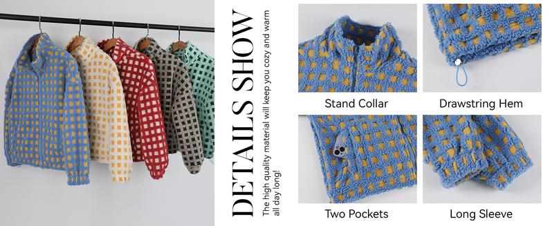 SCUSTY Women Winter Fleece Jacket Plaid Fleece Warm Coat Long-sleeve Zippered Sherpa Jacket with Pockets