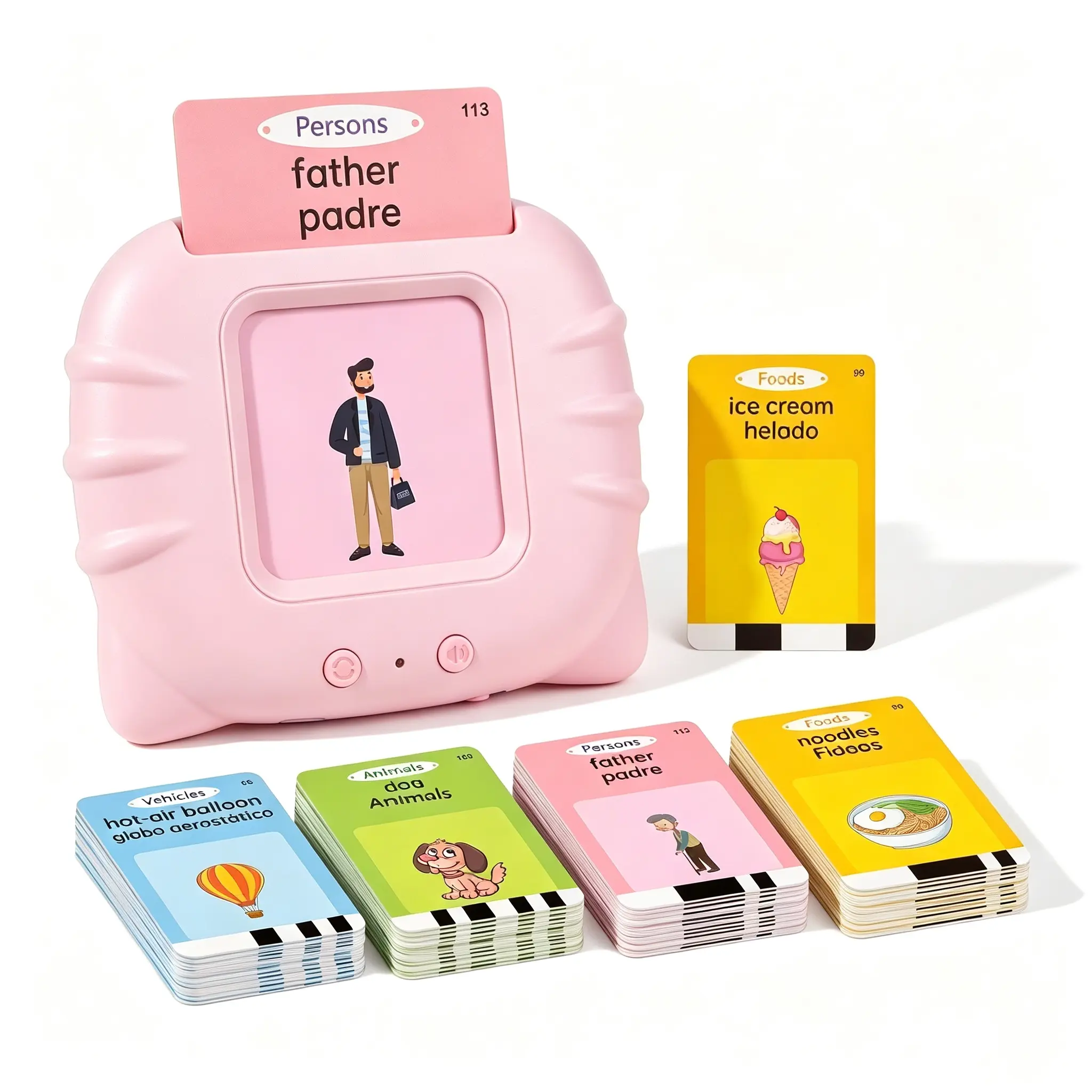 Unisex ABS Plastic Montessori Audio Reader - 224-Vocabulary 112 Double-Sided English-Spanish Bilingual Flash Cards, 1-Click, Screen-Free, USB-Charging Preschool Teaching Toy for Ages 1-6 (Vocabulary Building & Speech Training)