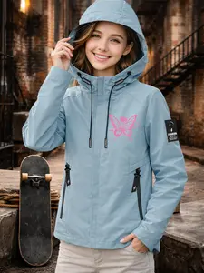 Women's Hooded Windbreaker Jacket Top Two Colors Available Playful Cool Pink Butterfly Print Textured Eye-Catching Loose Fit Slim Age-Reducing Lazy Street Style Comfortable Breathable Machine Washable Cool & Stylish Jacket