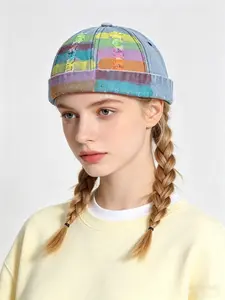 Rainbow Stripe Denim Cap, Faded Edge Design, Colorful Brimless Hat, Street Style, Slimming Face, Unique Fashion Accessory