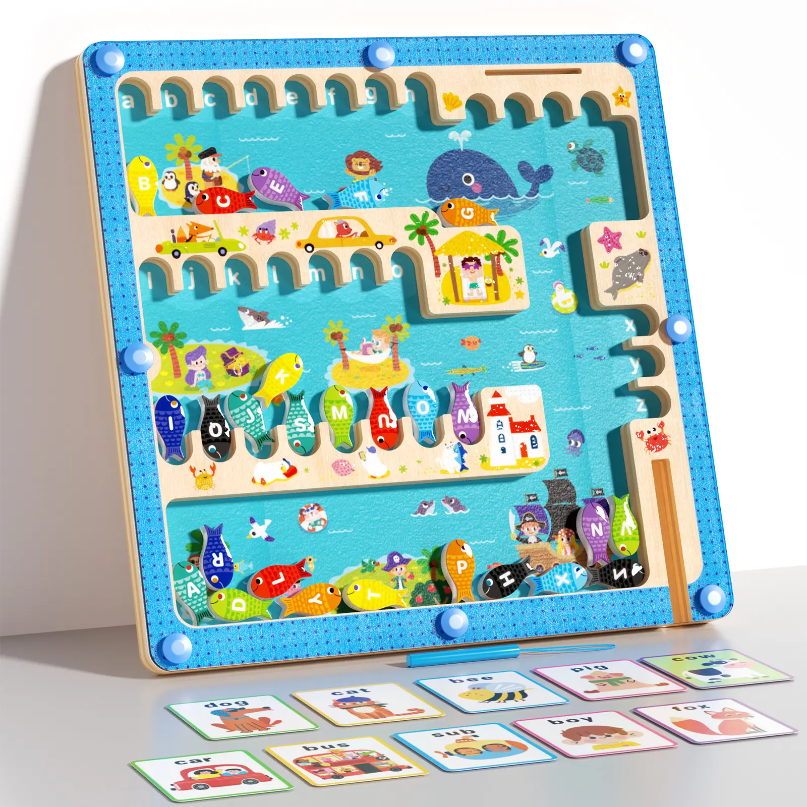 Edutree Bright Beginner Ocean Theme Alphabet Maze Puzzle - Magnetic Fishing Game, Wooden Montessori Toy for Letter Recognition, Fine Motor Skills & Spelling Learning, Montessori Puzzles Gift for Kids for Holidays, Maze Board, Birthdays