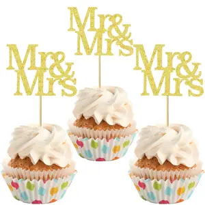 12/24Pcs Glitter Mr & Mrs Cupcake Toppers Love Mr Mrs Bridal Shower Cupcake Picks Wedding Engagement Birthday Party Cake Decorations Supplies