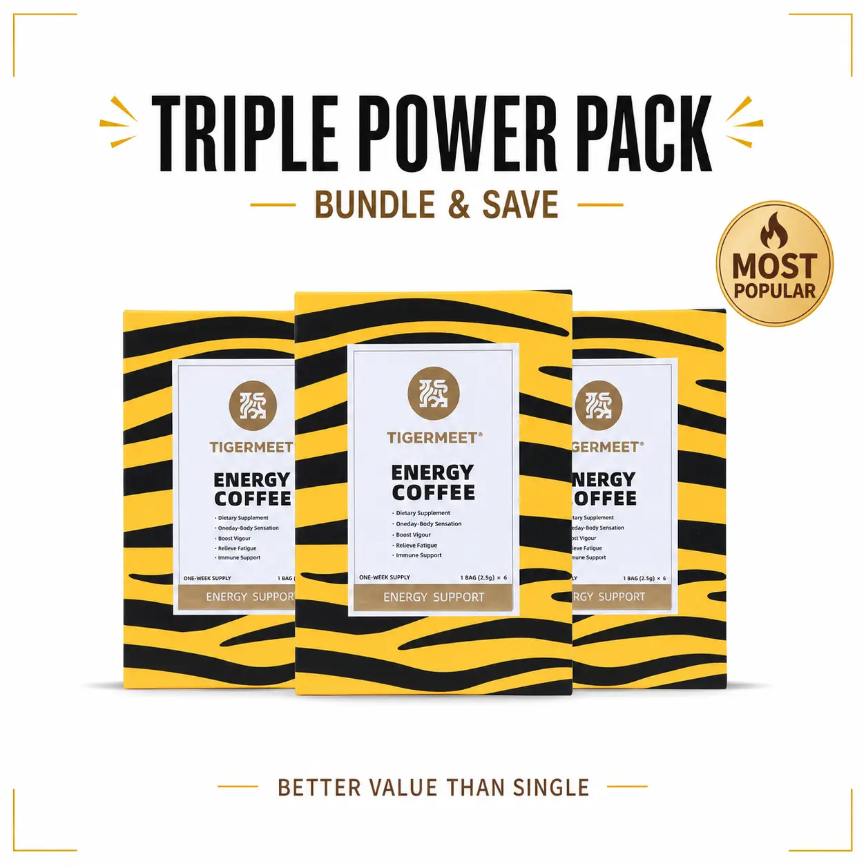 TIGERMEET Energy Coffee 3-Pack (18 Sachets) — Instant Arabica Ginseng Coffee with Goji | Smooth Coffee Blend Beverage Instant Coffee Herbal Coffee Mix Packets
