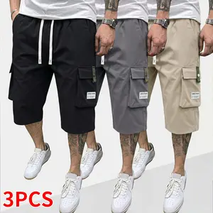 3-Pack Men’s Basic Versatile Cargo Shorts, Elastic Drawstring Waist, Loose Fit, Multiple Pockets — Suitable for Everyday Wear, Outdoor Hiking, Beach Vacations, Street Style Outfits
