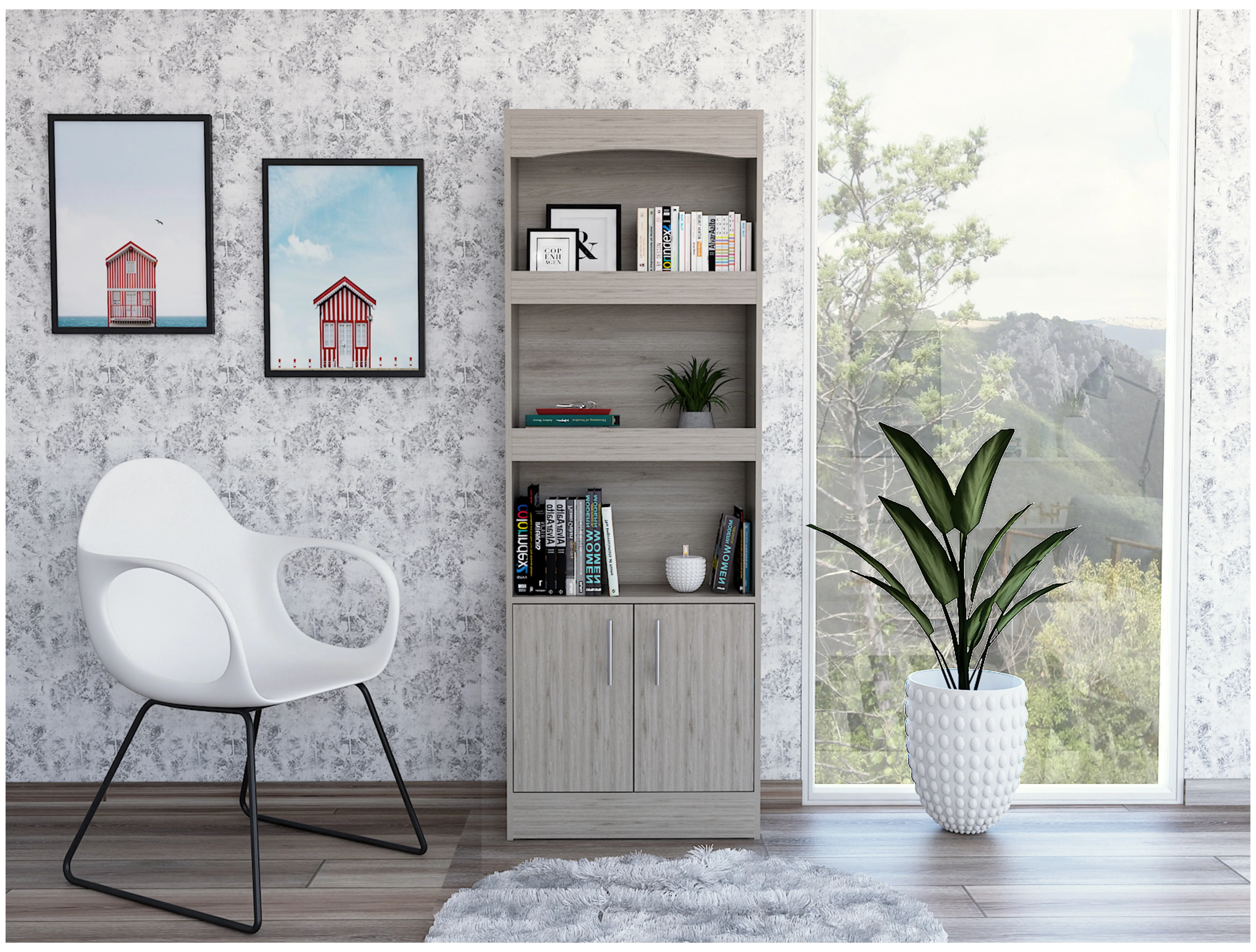 Simma Bookcase - Light Gray, 3 Shelf Cabinet with Doors, Modern Storage Organizer for Living Room, Bedroom, Office - Metal Hardware, Double Door Gray + Particle Board + Particle Board