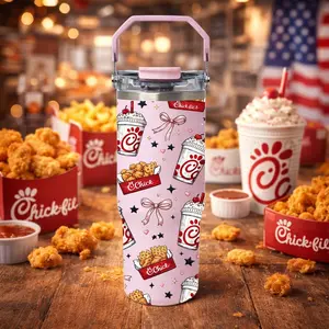1 Pc 30oz insulated mug, Insulated water cup, double wall vacuum cup, leak proof lid, hard handle tumbler, hot cold drinks 12h hot 24h cold, skinny large capacity thermal mug, cute fried chicken print, gift for women girls, holiday drinkware