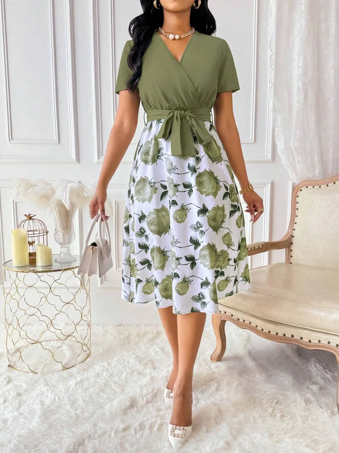 Women's Floral Print Overlap V-Neck Short Sleeve Elegant Summer Casual Boho Printed Floral Flowy Beach Wear Boho Floral Dress Maxi Women Outfit Boho Dresses