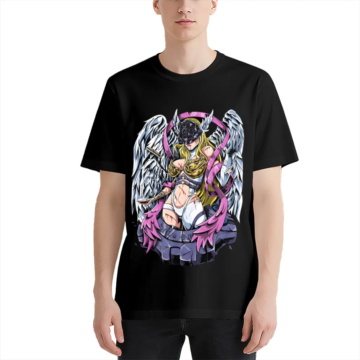 Men's Digimon Angewomon Anime Graphic T-Shirt – Black Tee with Bright Purple & Blue Wing Print, Soft Crew Neck Short Sleeve Comfort Top, Ideal for Digimon Fans & Cosplay Activities