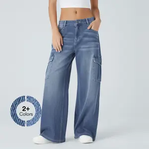 Halara Magic Low Rise Multiple Pockets Stretchy Knit Casual Wide Leg Cargo Jeans