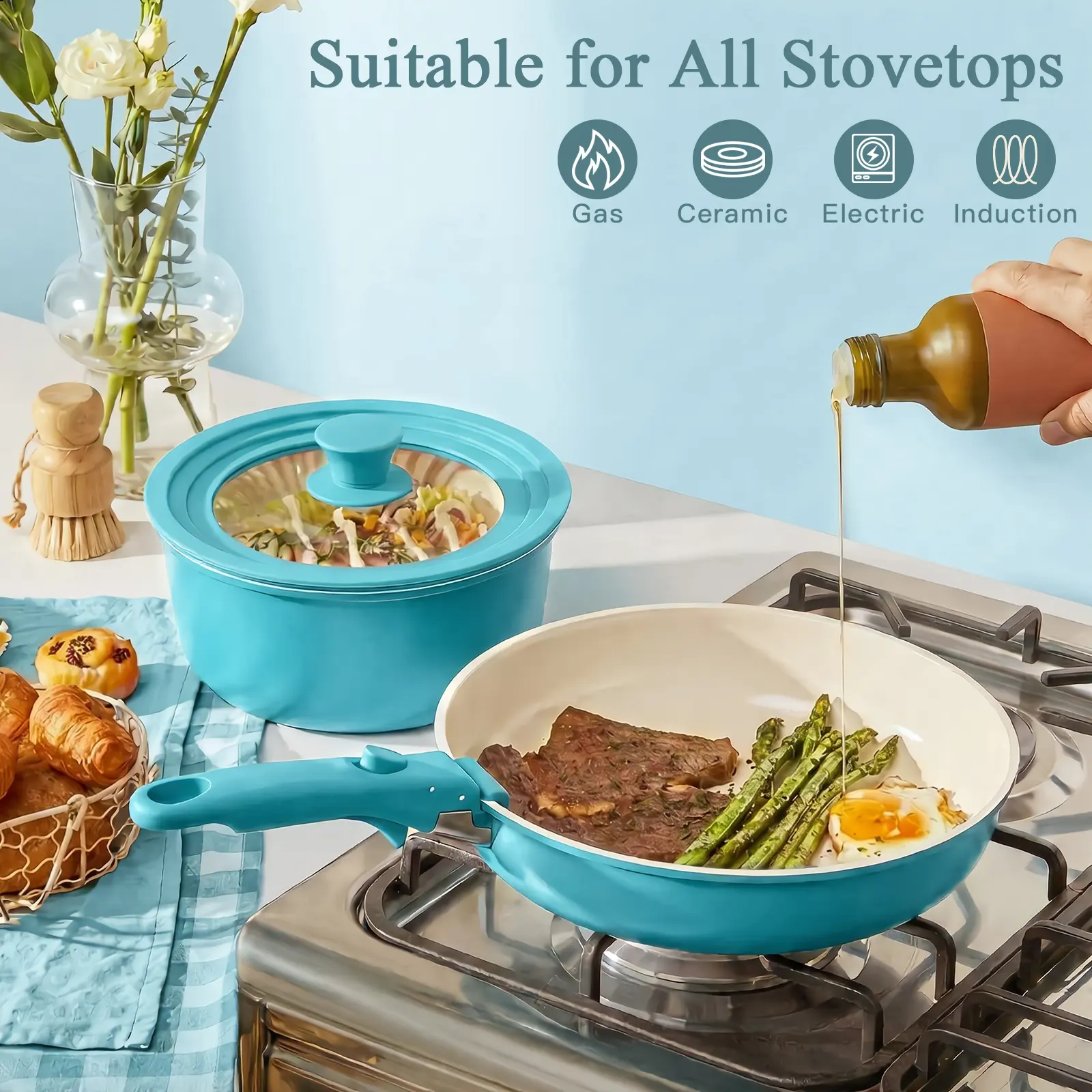 GIPP 21PCS Non-Stick Light Blue Gradient Cookware Set - Detachable Handle, Non-Toxic, Includes Frying Pans,  with All Stoves, Ideal for RV Use induction compatible, Compact, Granite Coat