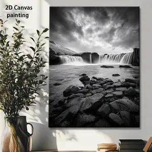 Black and White Iceland Waterfall Canvas Wall Art, Framed Photography Print, Ready to Hang, Nature Decor for Living Room, Bedroom, Office