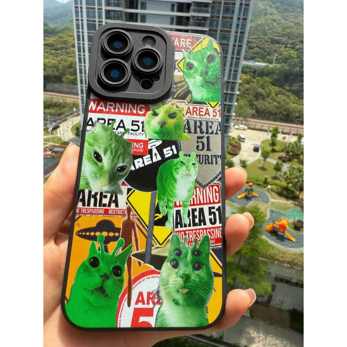 Cat Area 51 Case Compatible with iPhone [11/12/13/14/15/16/17], Funny UFO Conspiracy Theory Meme Design, Quirky Green Kitty Protective Bumper Cover for Sci-Fi & Cat Lovers