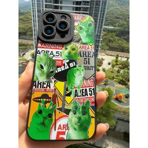 Cat Area 51 Case Compatible with iPhone [11/12/13/14/15/16/17], Funny UFO Conspiracy Theory Meme Design, Quirky Green Kitty Protective Bumper Cover for Sci-Fi & Cat Lovers