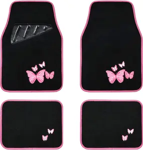 Universal Fit Butterfly Carpet Car Floor Mats with Heel Pad Fit for Sedan, SUVs, Truck, Vans Set of 4 (Black and Pink)