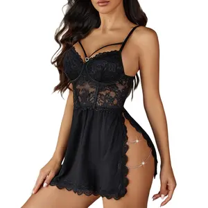 Avidlove Lingerie for Women Lingerie Dress Chain Side Slit Chemise Nightgowns with G-String