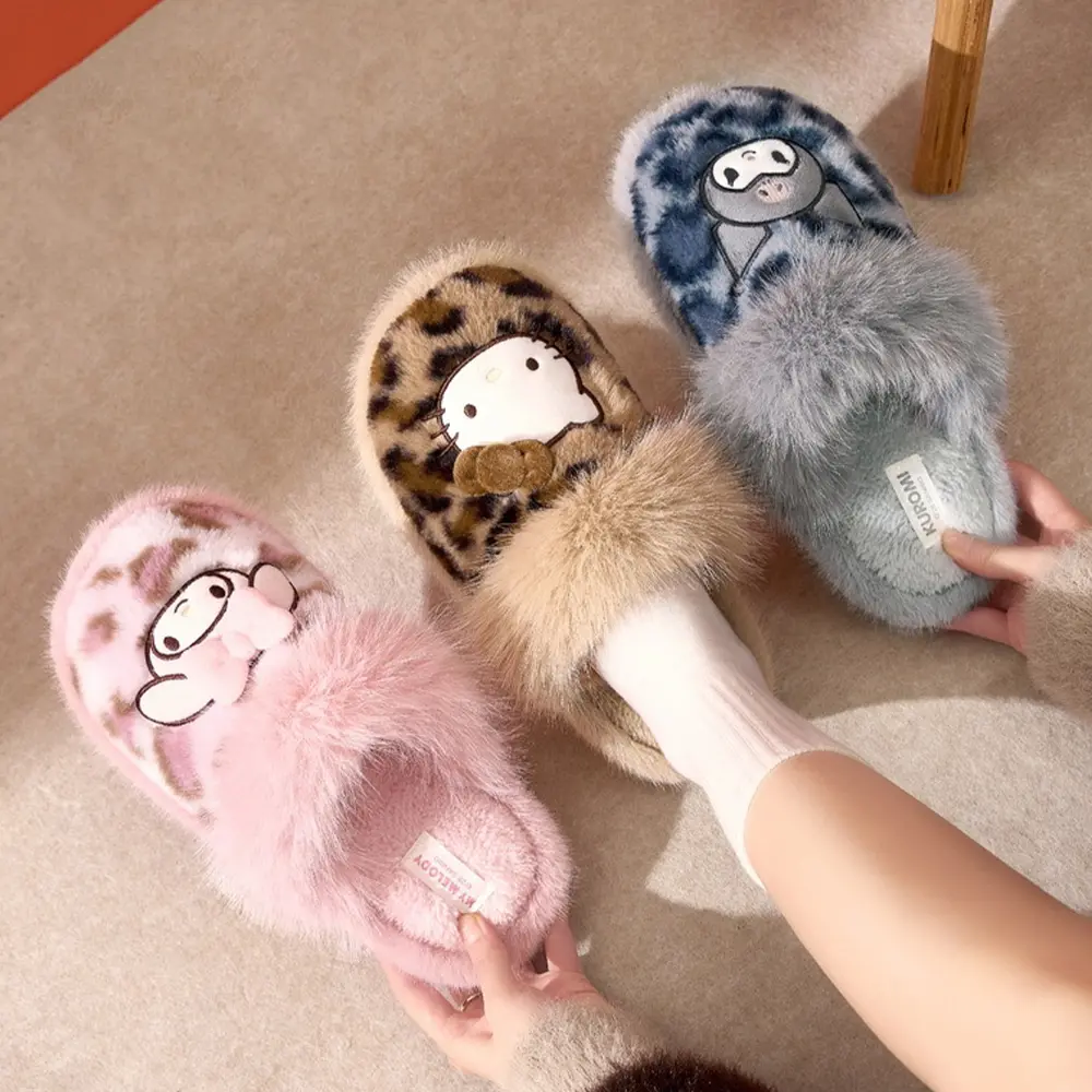 L Sanrio Cotton Slippers Fuzzy Slippers Hello Kitty Winter Shoes Melody Kuromi House Slippers
