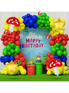 Mushroom Theme Birthday Balloon Set - Red Blue Green Yellow Latex Balloons with Aluminium Mushroom & Foil Balloons for Video Game Themed Party Decorations