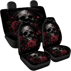Skull Red Rose Print Car Seat Covers Full Set for Women 4 Pcs Seat Protector Cover, Nonslip Car Decor Accessories for Vehicle Car SUV Truck