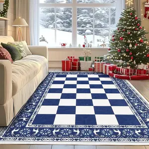 5x7 Area Rugs for Living Room, Checkered Christmas Rugs for Holiday Decor, Non Slip Low Pile Washable Rug for Dining Room, Bedroom, Blue