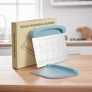 2 IN 1 Upgrade Bench Scraper, Dough Scraper for Pastry Bread Cake Pizza, Stainless Steel Dough Cutter with Conversion Chart & Measuring Scale, Bowl Scraper Food Scraper for Kitchen Baking, Blue/Black