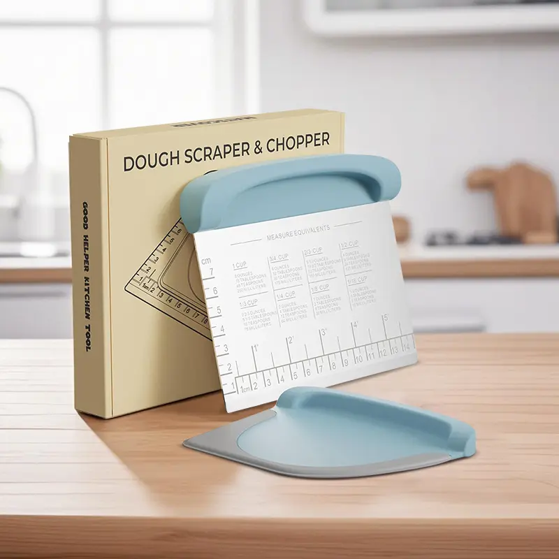 2 IN 1 Upgrade Bench Scraper, Dough Scraper for Pastry Bread Cake Pizza, Stainless Steel Dough Cutter with Conversion Chart & Measuring Scale, Bowl Scraper Food Scraper for Kitchen Baking, Blue/Black