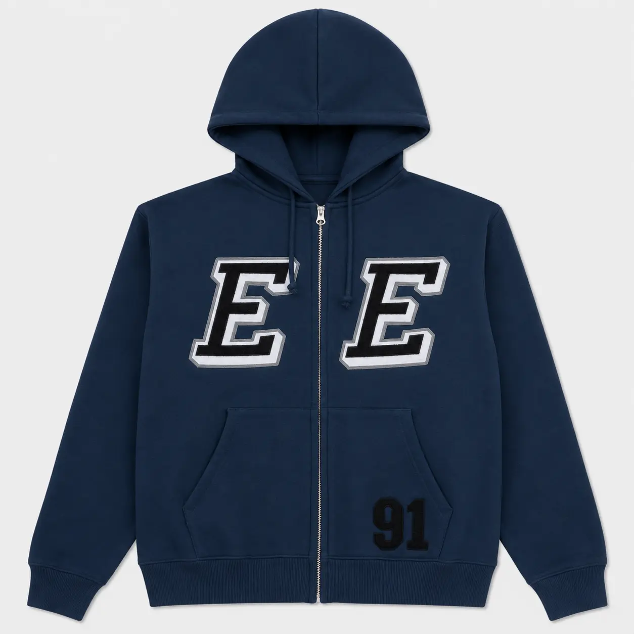 Eric Emanuel 91 Zip Hoodie, Varsity Letter Graphic Jacket, Full Zip Streetwear Sweatshirt, Unisex Casual Hooded Top