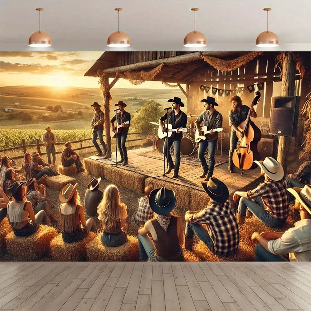 1pc Polyester Digital Print Country Music Live Performance Backdrop - Sunset Design with Cast & DJ, Festive Backdrops & Banners for Birthday Studio Props, Indoor-Outdoor Decoration, Digital Print Festive Backdrops & Banners