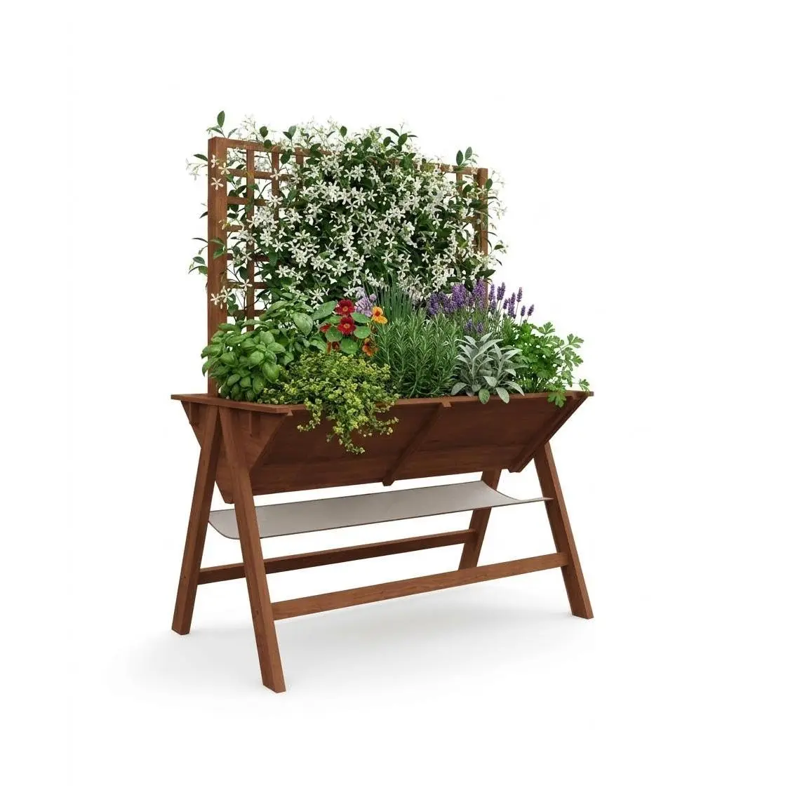 PeakPursuit Raised Garden Bed with Trellis and Storage Shelf, 52x30x54 in Elevated Wooden Planter Box on Legs, Large Vertical Standing Planter for Vegetables, Herbs, Flowers, Patio & Backyard