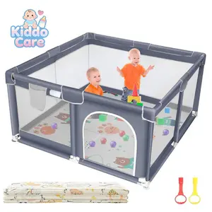 Baby Playpen with Anti-Slip Mat, Indoor&Outdoor Playard Kids Activity Center with Gate, Sturdy Safe Baby Fence for Infants & Toddlers, 2 Pull Rings for Baby Standing & Walking Learning