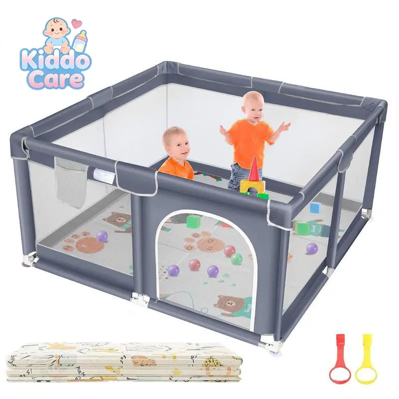 Baby Playpen with Anti-Slip Mat, Indoor&Outdoor Playard Kids Activity Center with Gate, Sturdy Safe Baby Fence for Infants & Toddlers, 2 Pull Rings for Baby Standing & Walking Learning