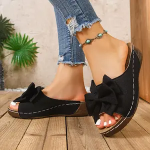 Women's Comfort Wedge Flip Flops - 2.5-inch Heel, Cork EVA Cushion Insole, Slip-On Design, Stylish Bow Decor, Adjustable Strap, for Casual & Office Outfits, Summer Platform Sandal Footwear with Decoration
