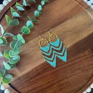 Handmade Beaded Earrings - Turquoise & Gold Chevron Design - Unique One-of-a-Kind Artisan Jewelry for Everyday Wear