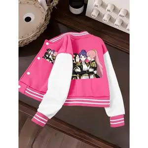 Girls Cropped Jacket with Print of Three Girls in Fancy Uniforms, Cute Sweet Style, Great for Campus Wear & Ideal Birthday & Valentine’s Day Gift
