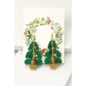 LA3accessories hand done seed bead Christmas tree drop earrings