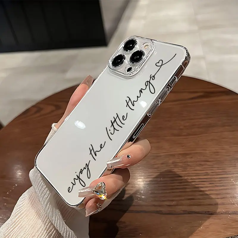 Script Quote Minimal Clear Phone Case, Positive Mood Electroplated Style for iPhone 17 16 15 14 13 12 11 X Plus Pro Max, Shockproof Gift