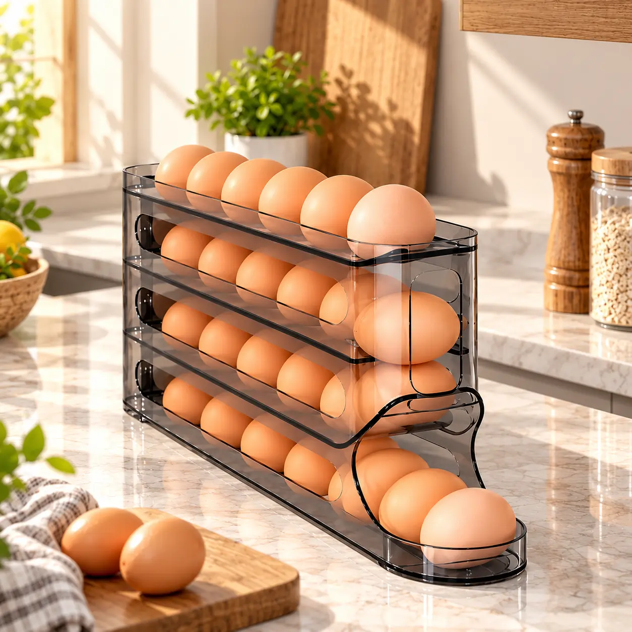 Automatic Rolling Egg Holder for Refrigerator, 2-Tier Egg Dispenser with Lid, Space-Saving Egg Storage Organizer for Fridge, Kitchen Countertop & Pantry