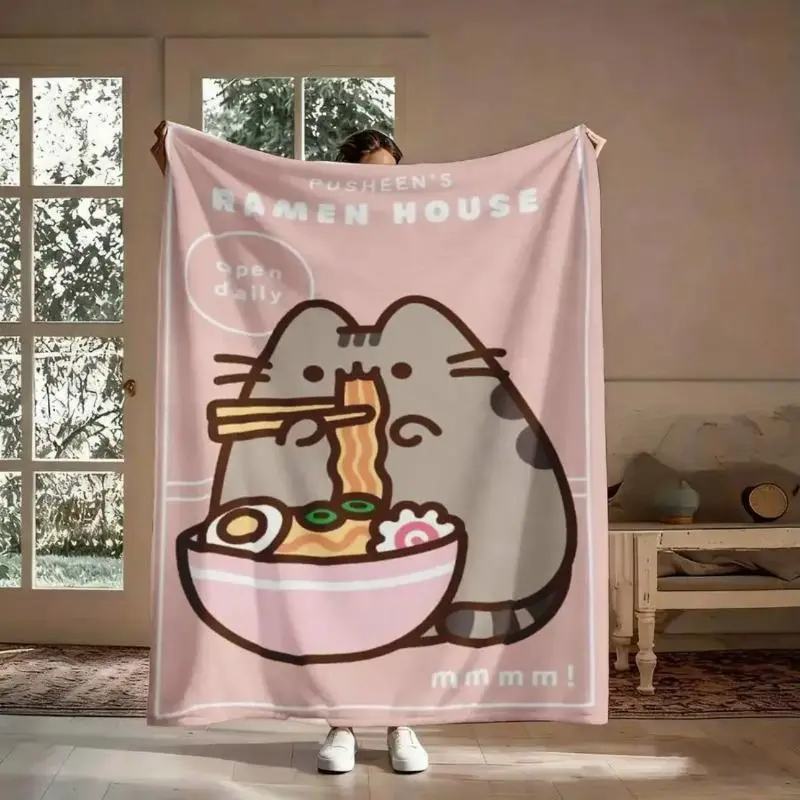 Pusheen Ramen Cat Throw Blanket, Cute Kawaii Cartoon Kitty Noodle Bowl Soft Cozy Plush Bed Blanket, Lightweight Warm Blankets for Kids Bedroom Decor, Couch Sofa Living Room, Birthday Gifts for Girls and Cat Fans