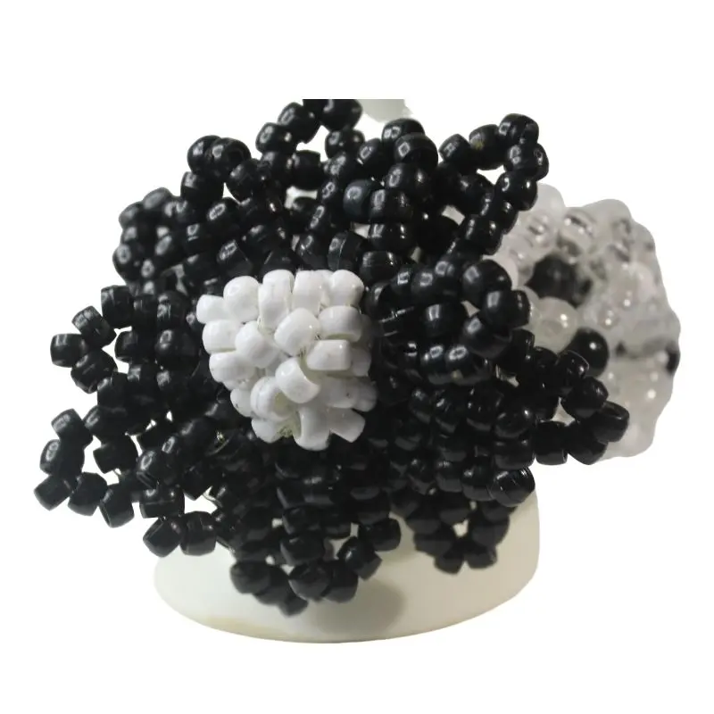 Black Gothic Flower On 3d Kandi Cuff-Black and White with Glow Beads-EDC Flower Ready to Rave
