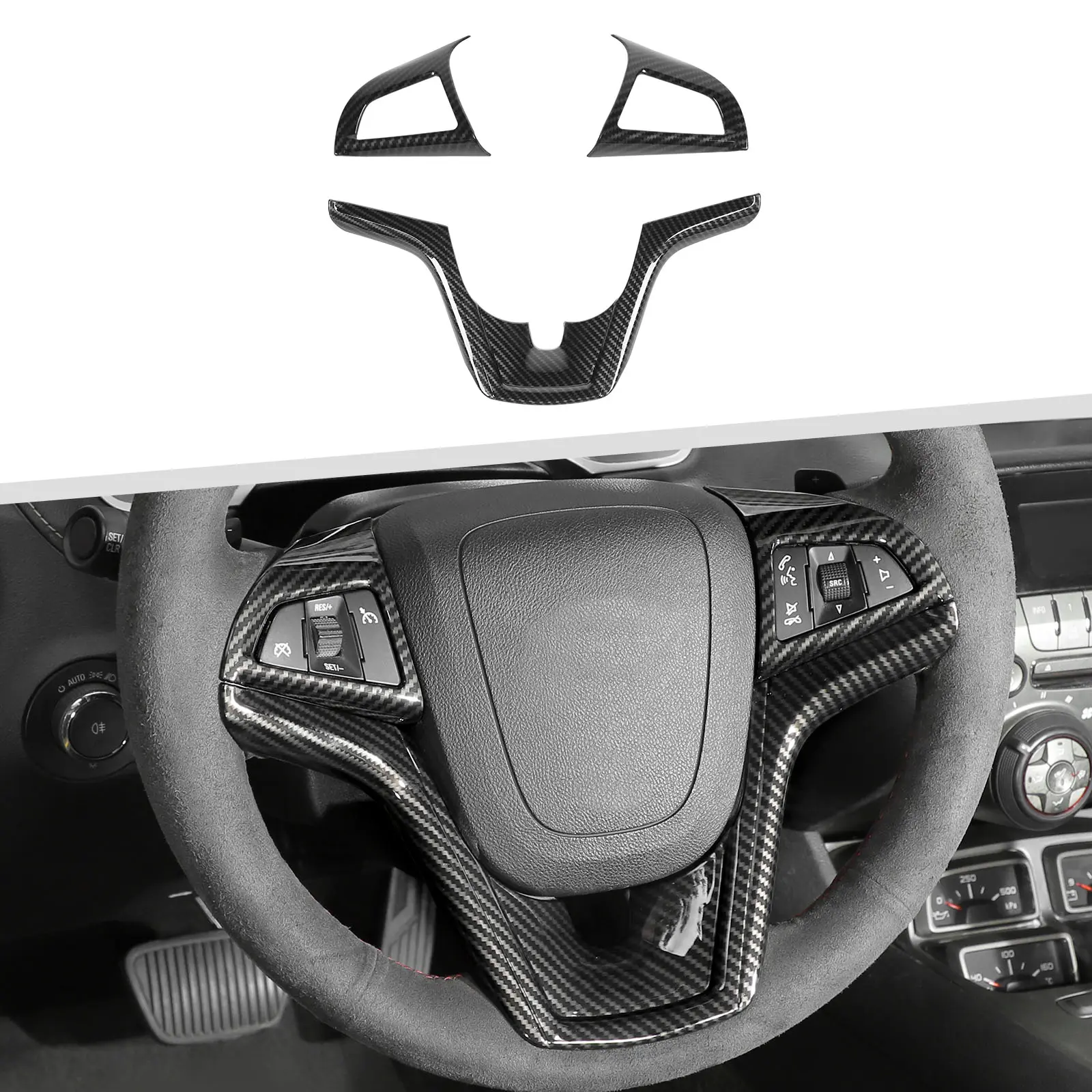 ABS Red Carbon Fiber Look Steering Wheel Cover for Chevrolet Camaro 2012-2015, Perfect Fit, Polyurethane UV Coating, Easy DIY Adhesive Installation, Automotive Car Accessories
