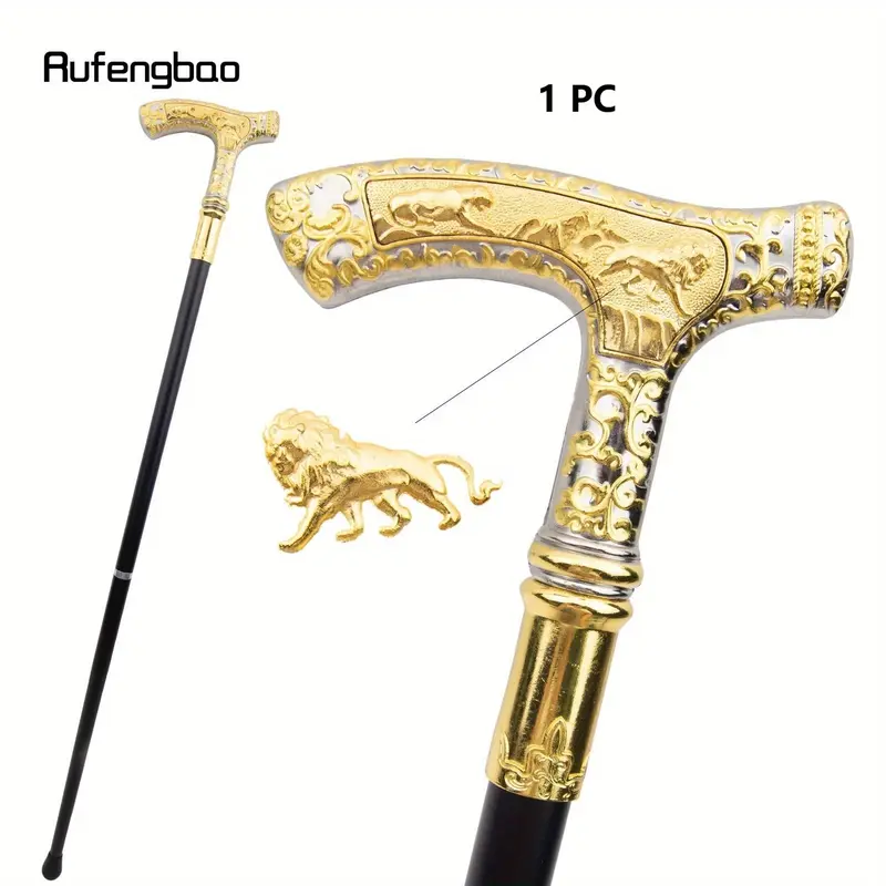 Golden White Lion Luxury Pattern Walking Stick Party Fashion Elegant Walking Stick Decorative Cospaly Cane Knob Crosier 89cm Hiking Stick Hiking Pole
