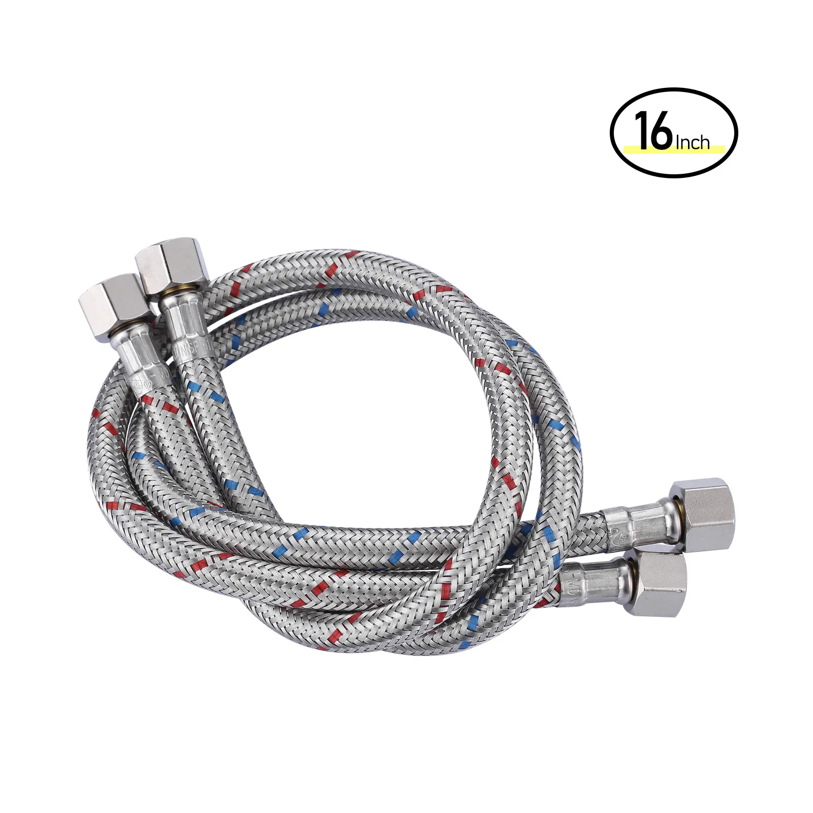 WOWOW CUPC Certified Leakproof Stainless Steel Universal Faucet Supply Lines, 1-Pair 16-in 3/8"-3/8" Female Compression Thread Hoses for Kitchen Sinks, Universal Faucet Hose