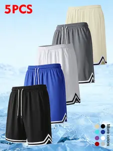 5-Pack Men’s summer quick-dry casual athletic shorts with striped trim, loose straight-leg jogger fit, breathable stretchy beach shorts suitable for everyday wear, running, training, and basketball.